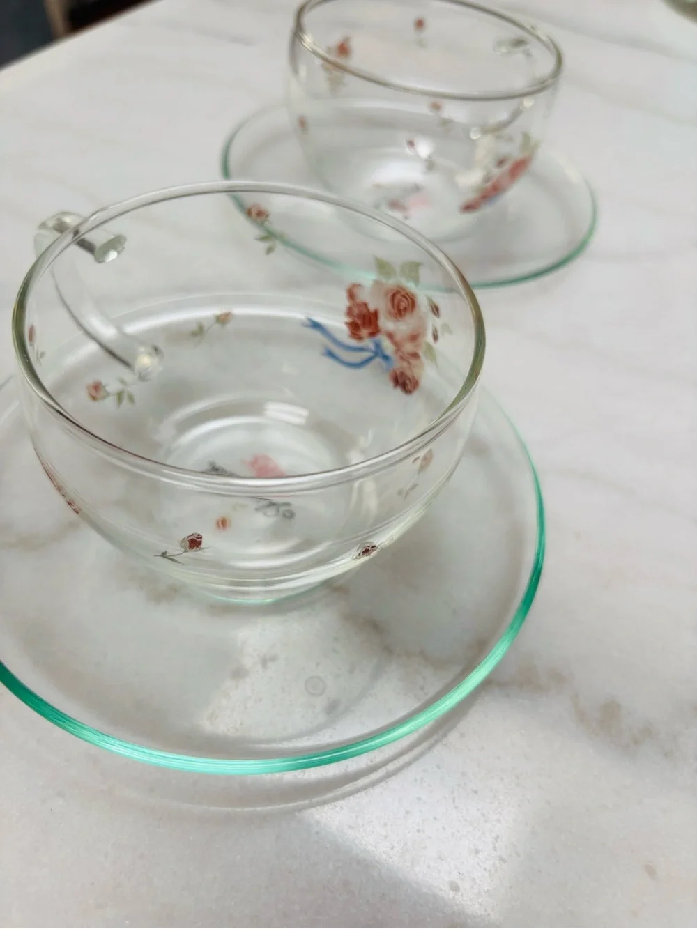 Made in Japan Clear Glass Teacup and Saucer Set with Red Rose Design